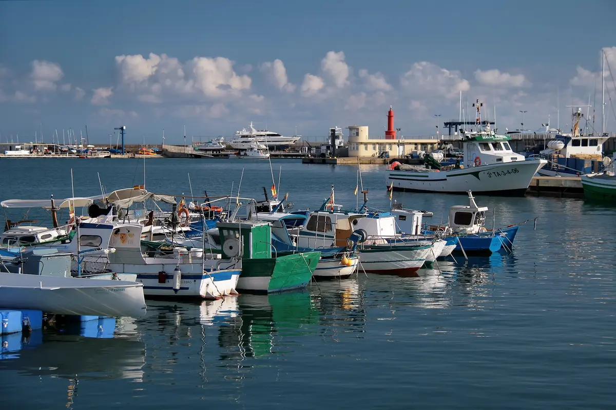 Small fishing boats and pleasure boats are moored in a harbour, with houses and a church tower behind them under a blue sky