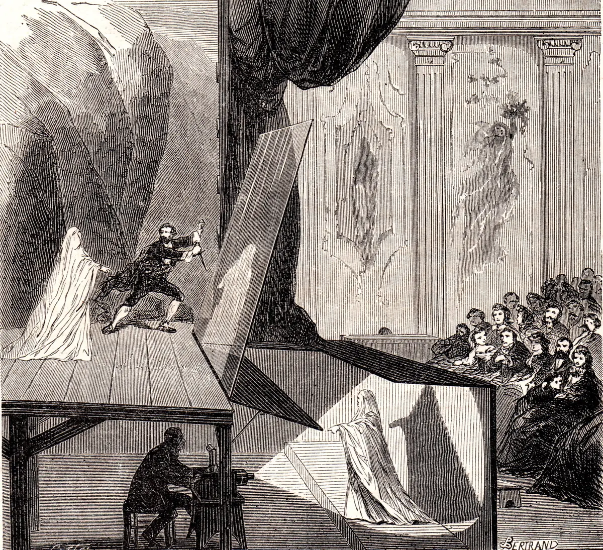 A nineteenth-century engraving of a stage with a ghost seen through a tilted glass sheet, a performer on the stage and an audience at the right